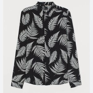 H&M XL Black White Fern Print Long Sleeve Casual Button Down Shirt